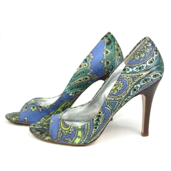 Marc Fisher Paisley Satin Open Toe Heels Pumps Stilettos Blue Green Slip On - 6 - Picture 3 of 7